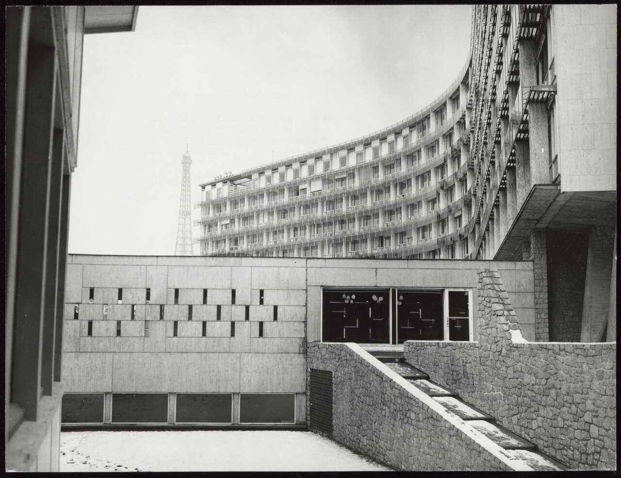 UNESCO headquarters in Paris, with the Secretariat building and Eiffel Tower behind.